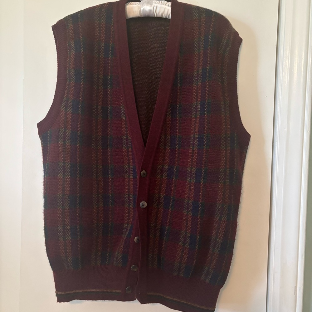 Vintage Men's Plaid Wool blend Vest - Burgundy and Green large